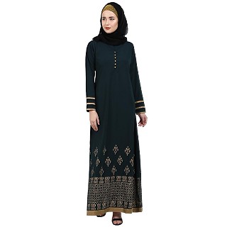A-line abaya with Block prints- Bottle Green